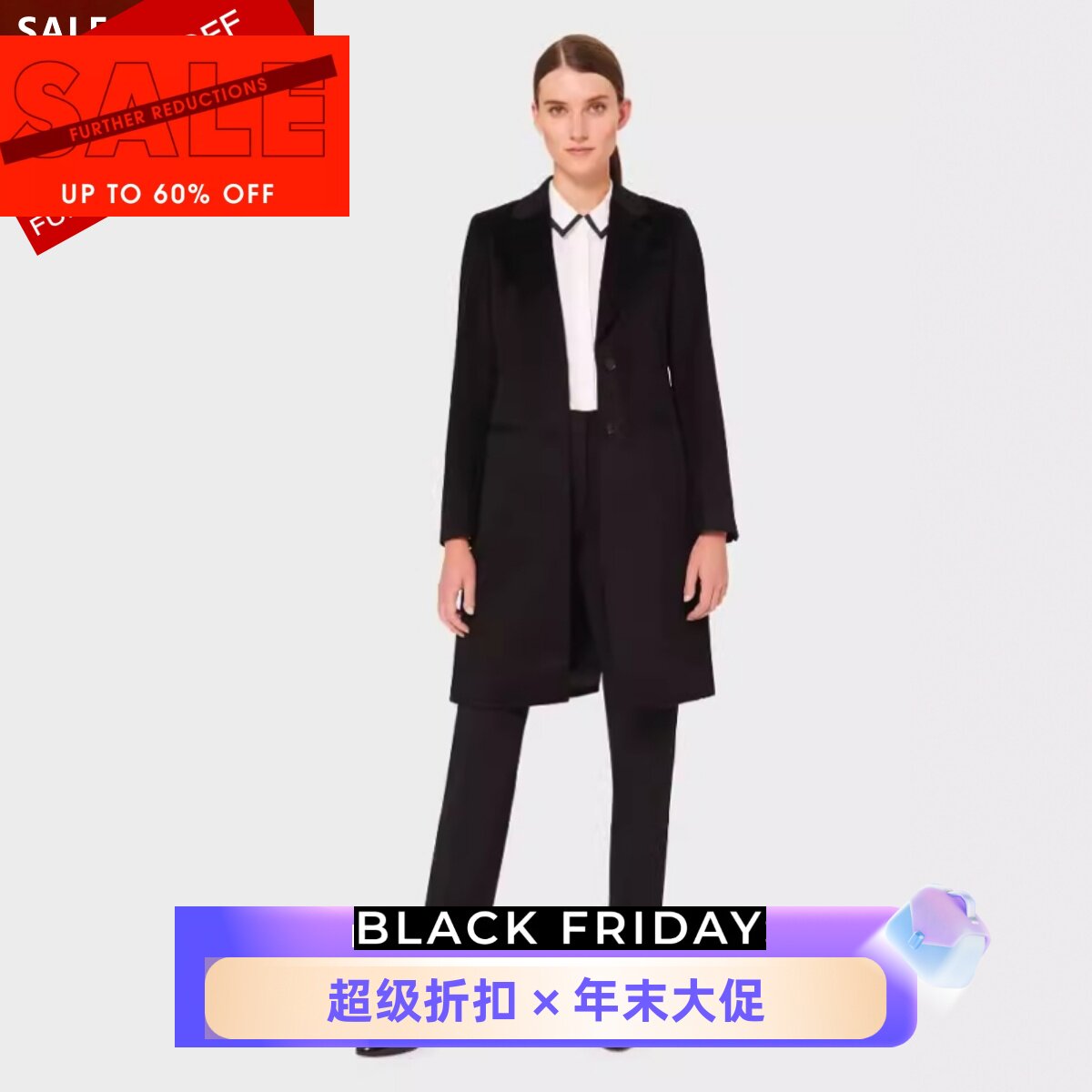 HOBBS黑色羊毛大衣外套西服领常规款经典英伦风干练通勤百搭显瘦