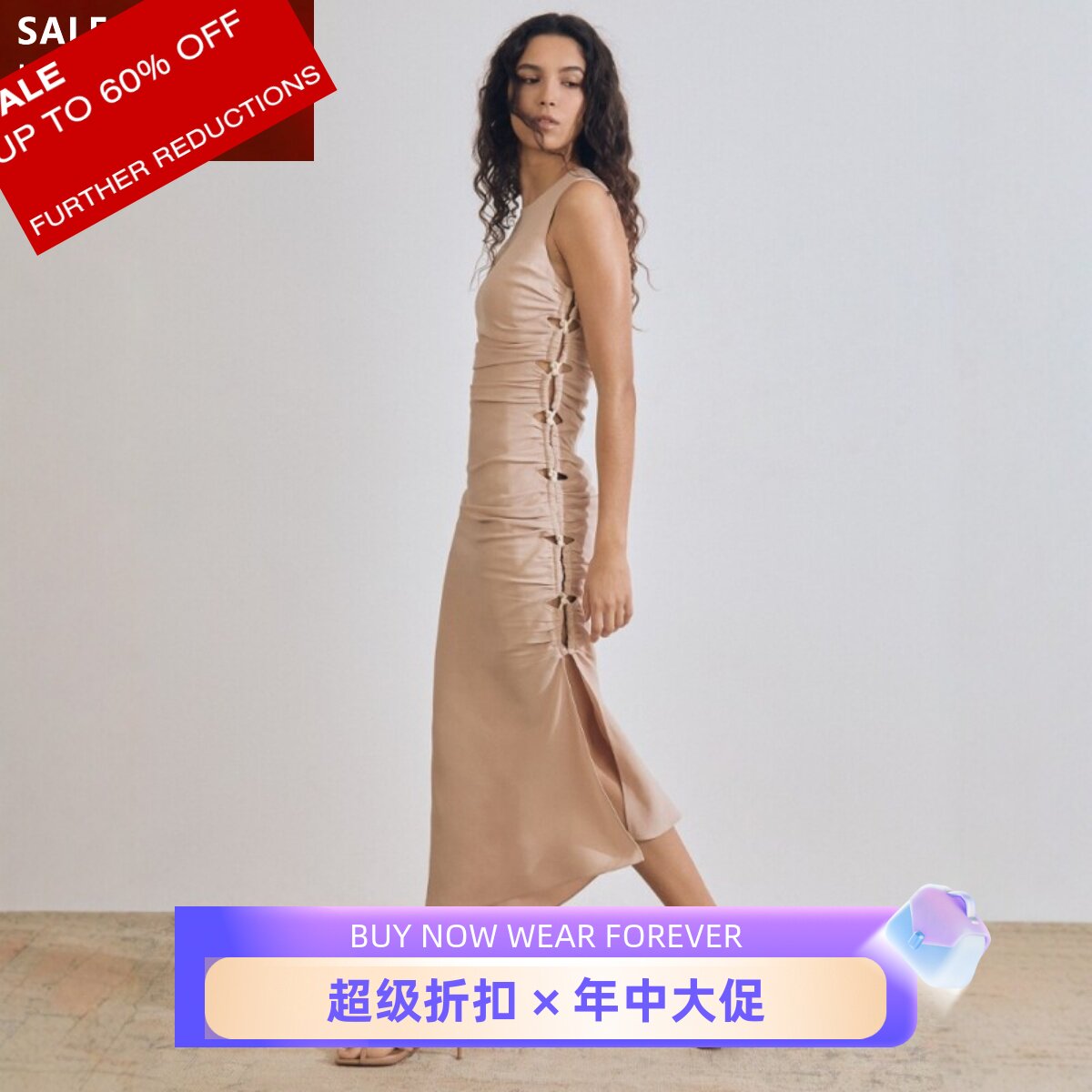 REISS中立色连衣裙包臀裙中长款斜摆H行侧绑带镂空设计优雅大气