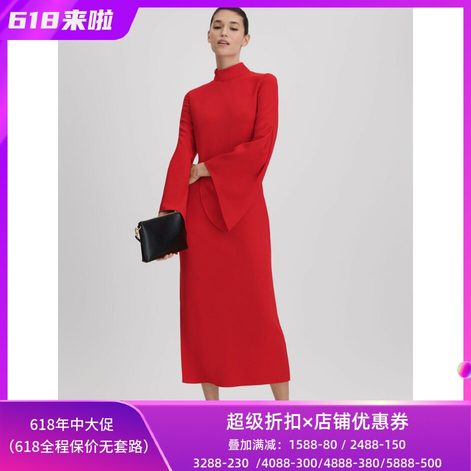 REISS红色连衣裙礼服裙中长裙纯色侧开衩喇叭袖半高领优雅大气