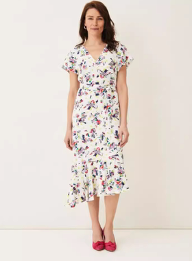 Phase Eight短袖连衣裙白色对话印花中长一步裙系带修身清新淑女