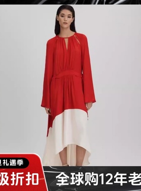 REISS红色长袖连衣裙长款度假裙系带红白拼色斜摆优雅名大气