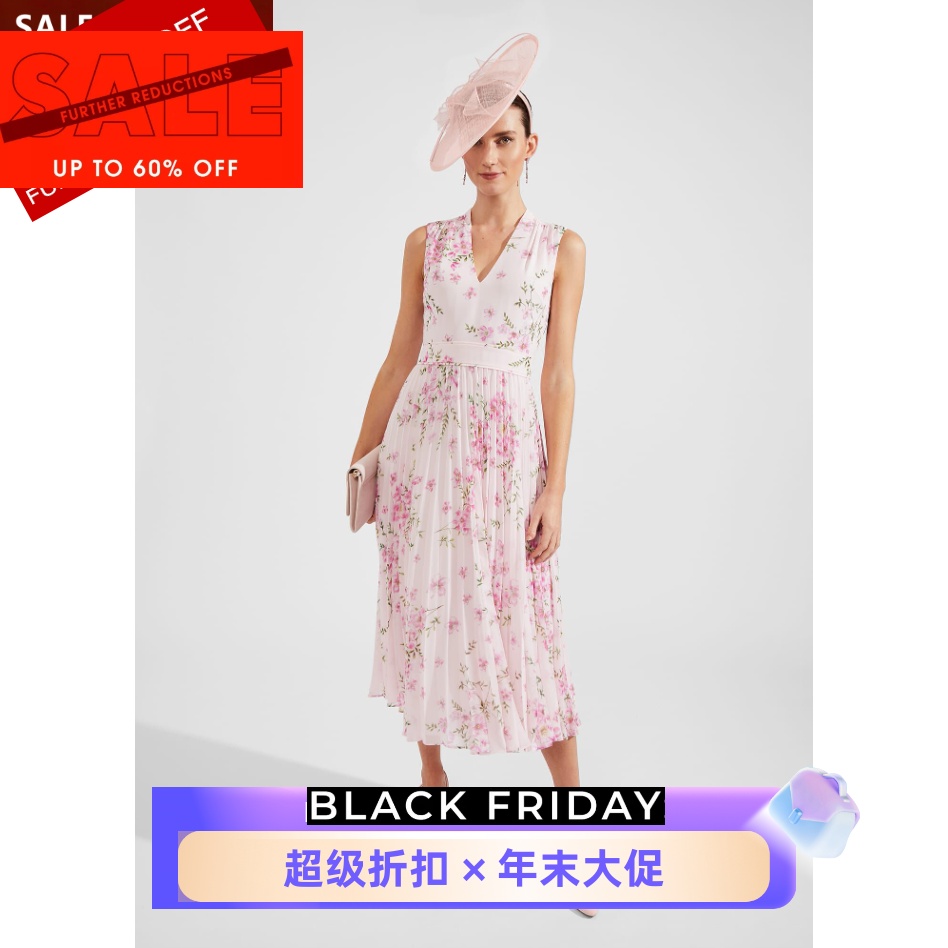 HOBBS淡粉碎花百褶裙清新淑女风