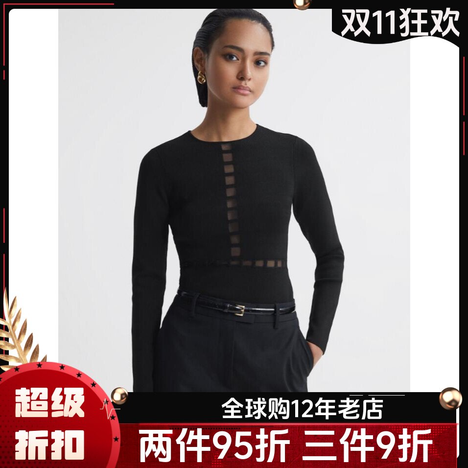 REISS黑色纱网拼接针织上衣通勤