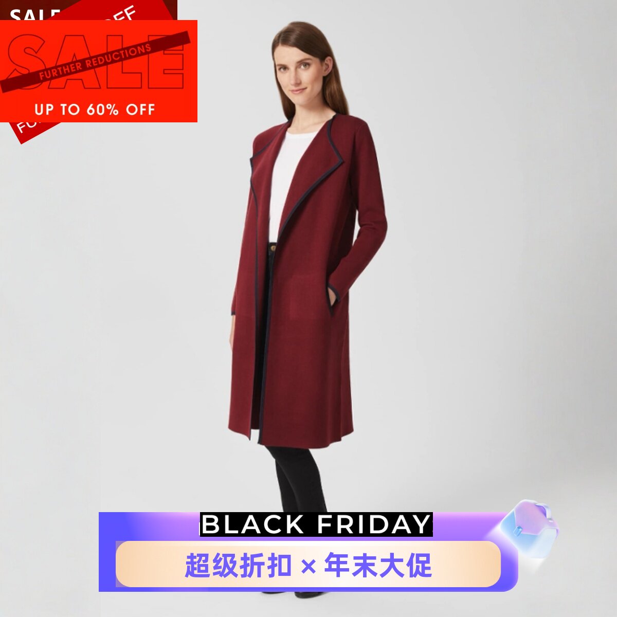 HOBBS酒红色中长款外套开衫西服小翻领直筒简约气质优雅日常通勤