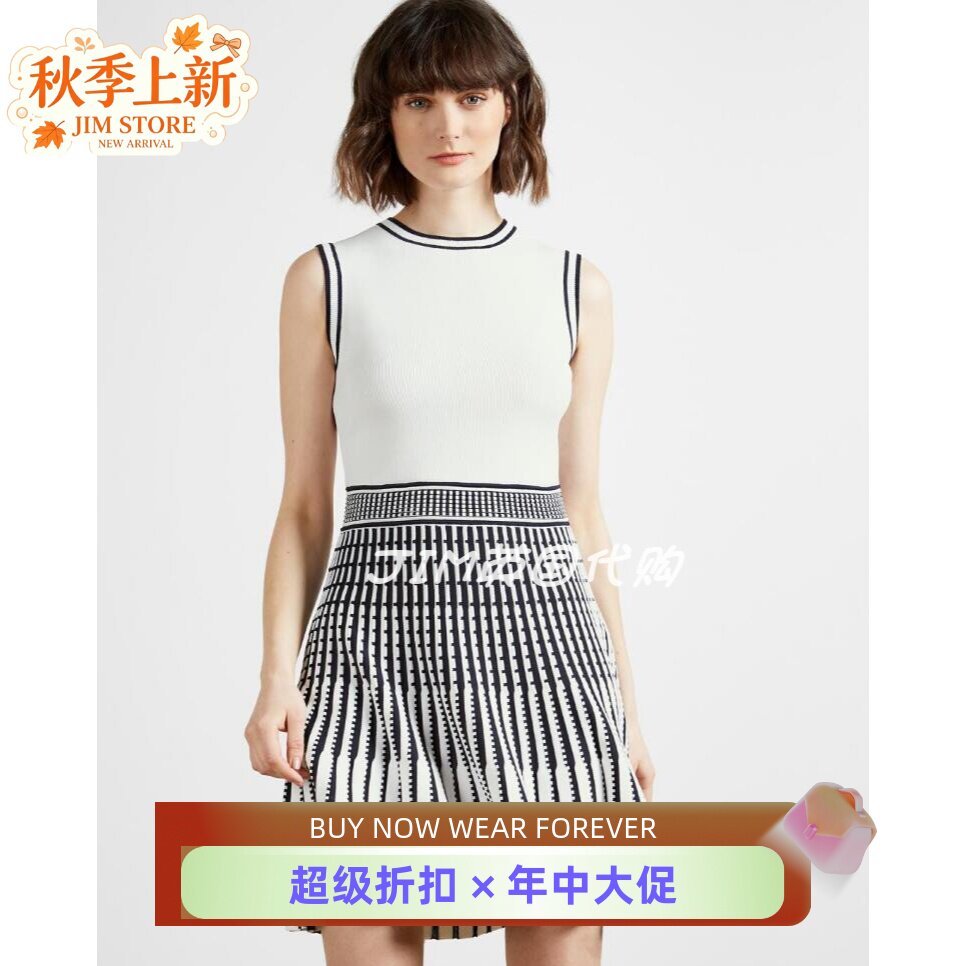 TED BAKER针织连衣裙夏季无袖A字条纹修身白色清新淑女优雅百搭