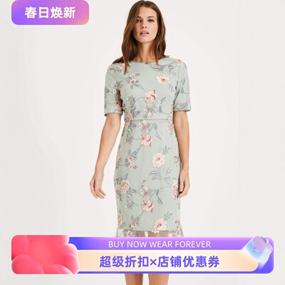 Phase Eight短袖连衣裙包臀裙浅蓝刺绣纱网拼接露背高腰修身优雅
