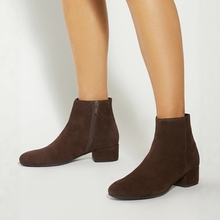 Dune London棕色麂皮真皮短靴低跟方跟侧拉链简约舒适日常通勤