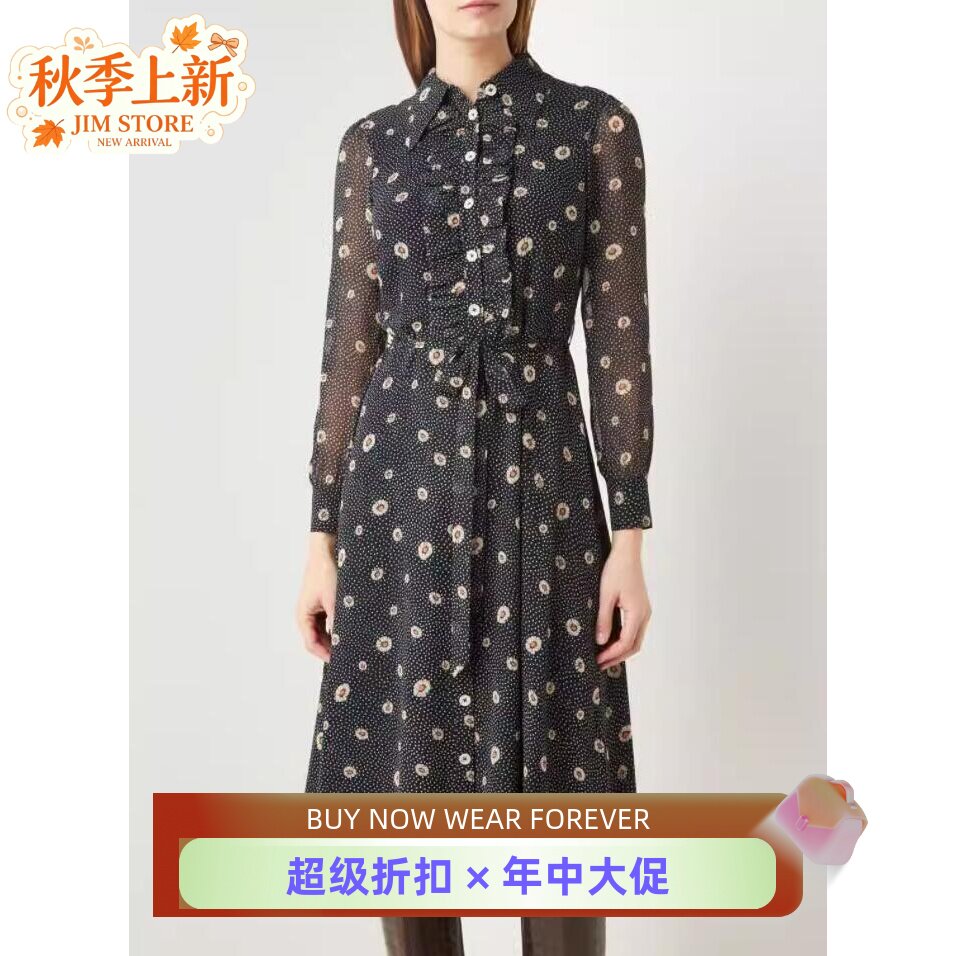 长袖印花连衣裙优雅英伦淑女风
