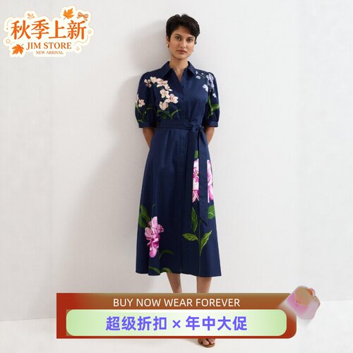 Phase Eight短袖连衣裙衬衫裙藏蓝印花中长系带高腰修身干练显瘦