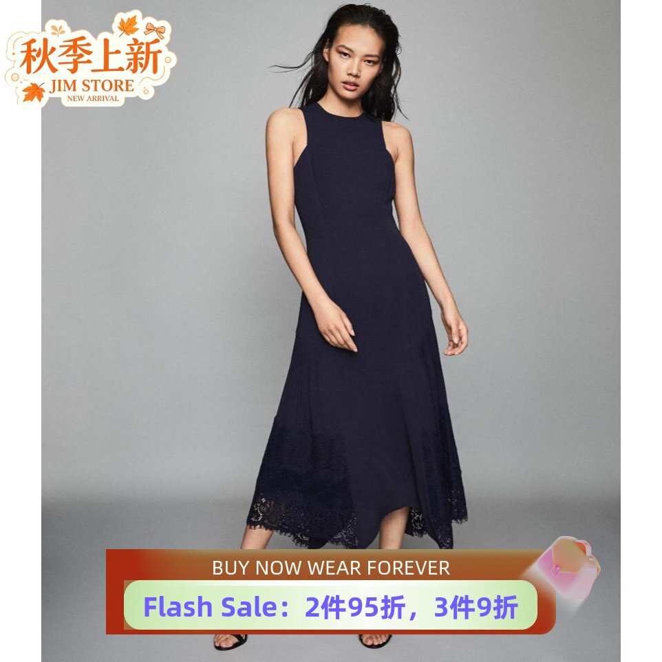 蕾丝露背中长修身气质英伦