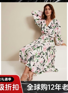 Phase Eight长袖连衣裙百褶裙白色绿叶碎花中长高腰优雅英伦淑女