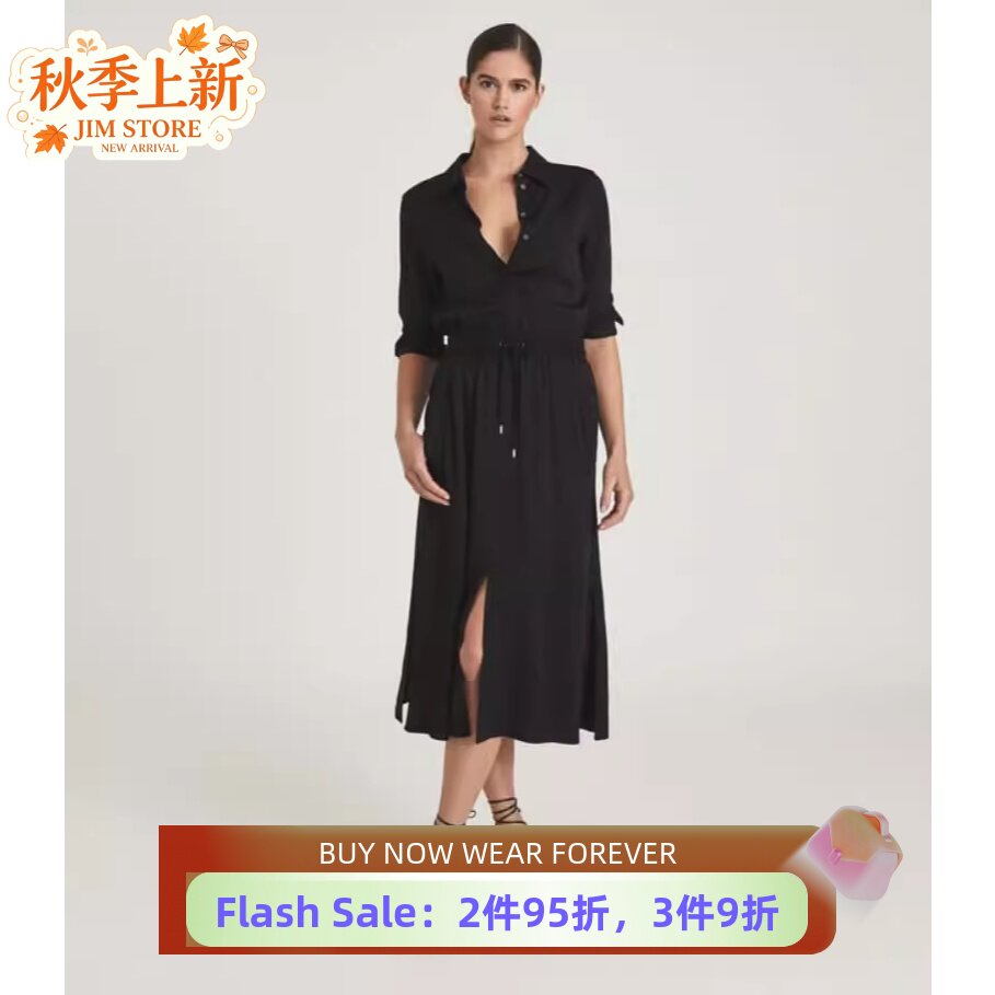 REISS黑长袖衬衫裙系带英伦显瘦
