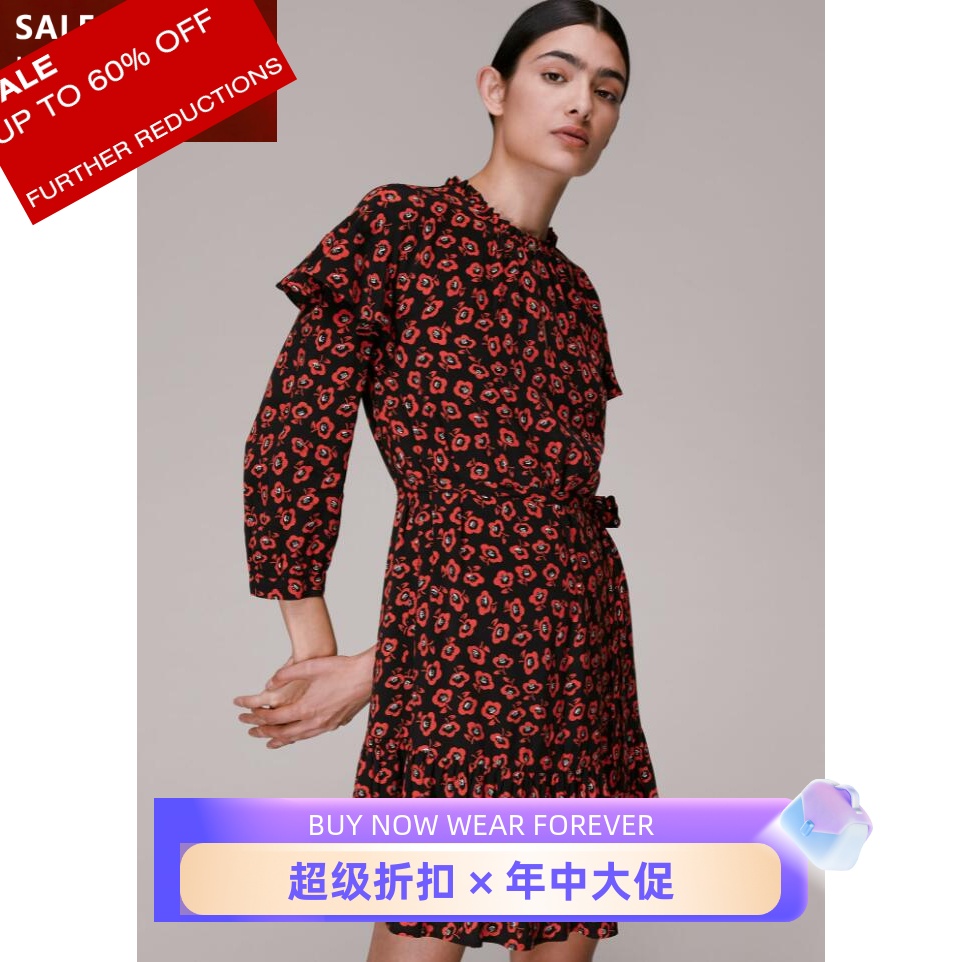 WHISTLES长袖连衣裙黑红印花碎花系带优雅英伦淑女气质百搭显瘦