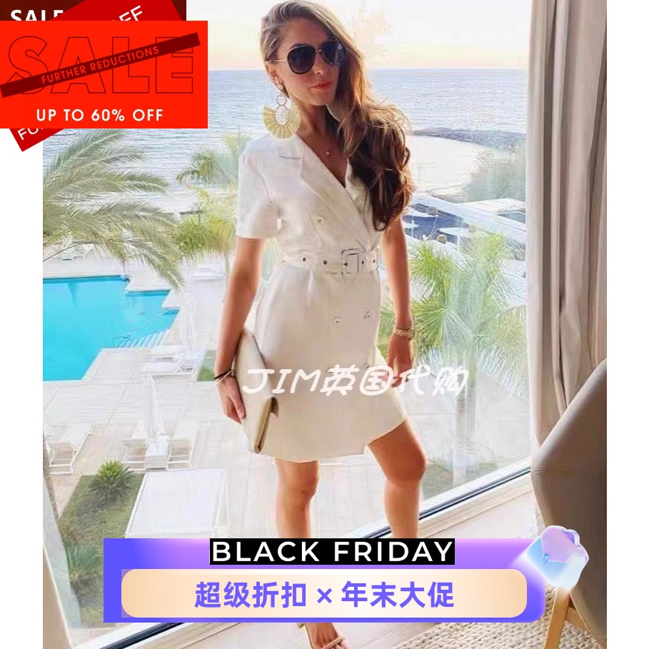 REISS短袖亚麻连衣裙西服领双排扣包臀修身配腰带简约淑女通勤OL