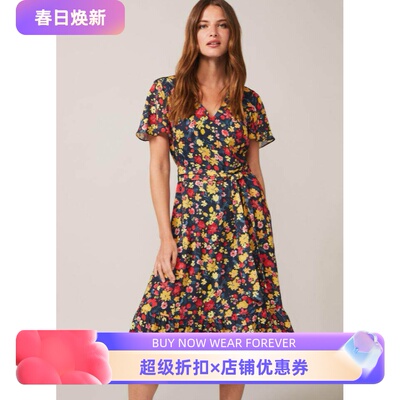 Phase Eight短袖连衣裙中长碎花A字系带修身优雅英伦淑女百搭显瘦