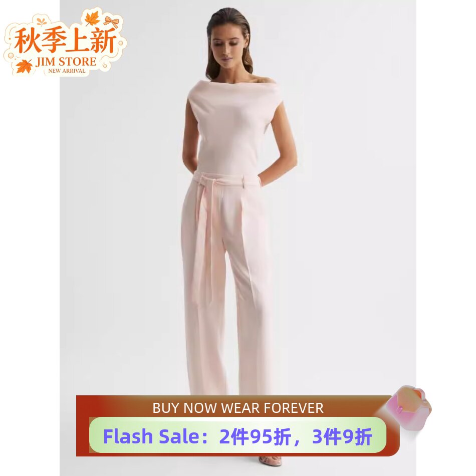 REISS连体裤连衣裤一字领短袖长裤假两件裸粉色系带气质淑女通勤
