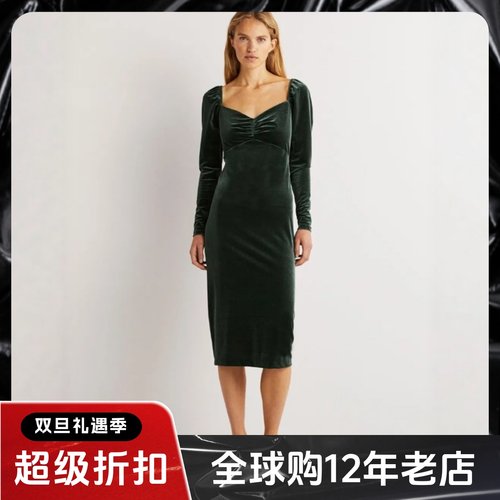 UNI CLOSET长袖墨绿丝绒连衣裙中长包臀方领露背优雅大气修身显瘦