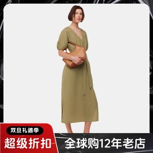 WHISTLES短袖连衣裙橄榄绿中长V领系带宽松松弛气质英伦百搭舒适