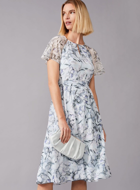 Phase Eight短袖雪纺连衣裙浅蓝碎花系带清新淑女飘逸百搭优雅