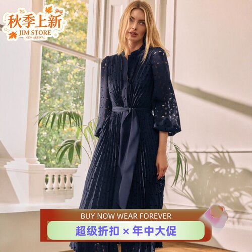 Phase Eight长袖连衣裙中长藏蓝色镂空百褶系带纯色优雅气质显瘦