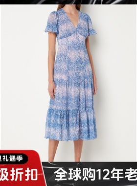 WHISTLES短袖浅蓝渐变色连衣裙中长款V领清新淑女夏季优雅百搭