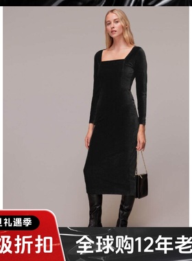 WHISTLES长袖连衣裙丝绒裙黑色中长款方领包臀高腰修身气质英伦风
