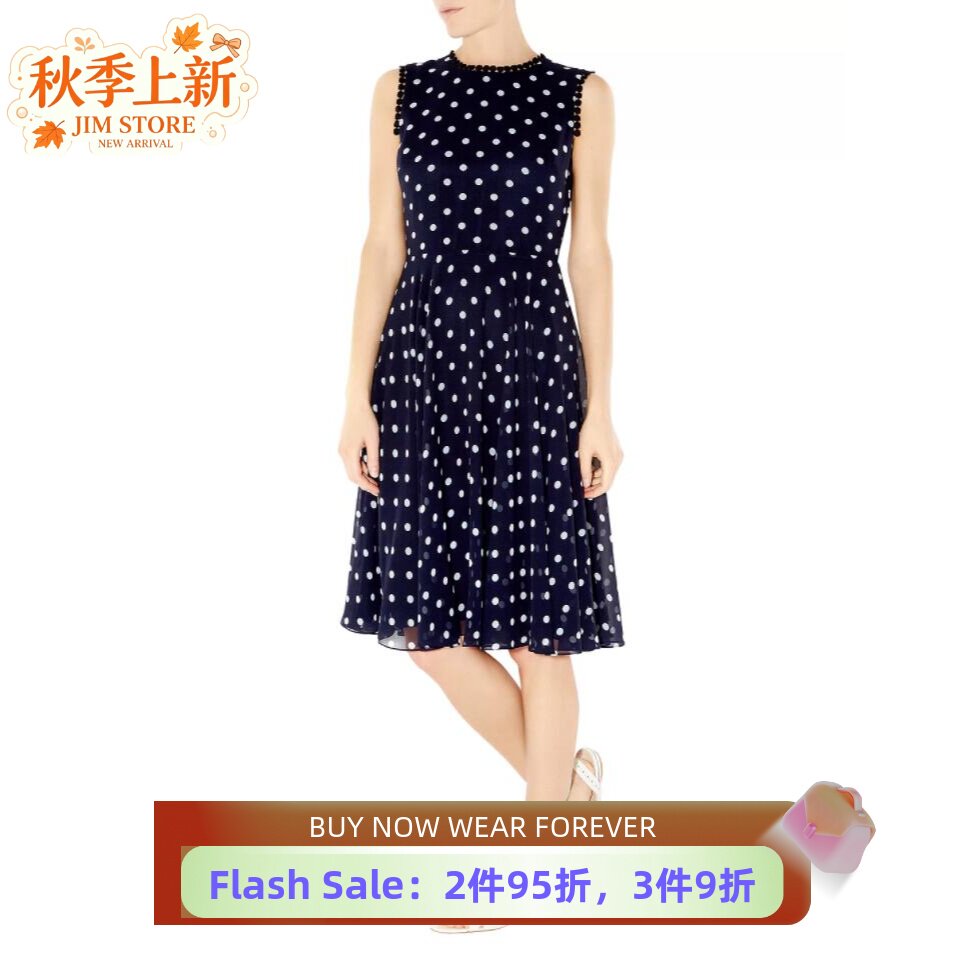 HOBBS连衣裙雪纺裙藏蓝波点中长A字无袖高腰修身英伦气质通勤百搭