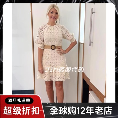 英国品牌连衣裙短袖蕾丝裙A字白色配腰带简约大气优雅百搭