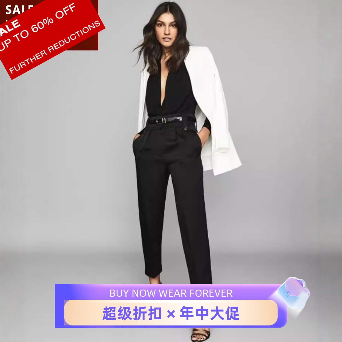 REISS女裤正装裤休闲裤长裤黑色高腰修身烟管裤锥形裤干练气质OL