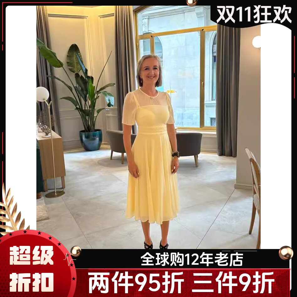 HOBBS淡黄中长连衣裙高腰