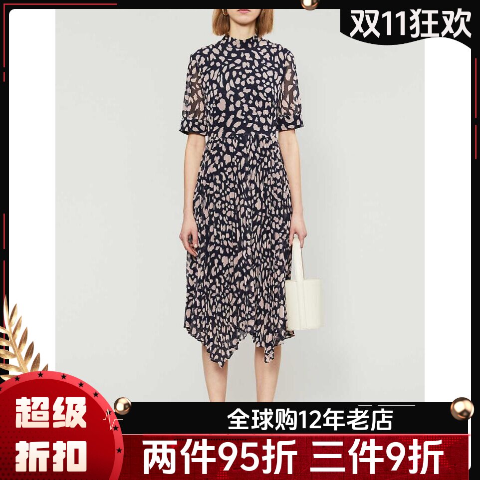 UNI CLOSET短袖连衣裙中长粉色豹纹波点不规则裙摆A字气质百搭