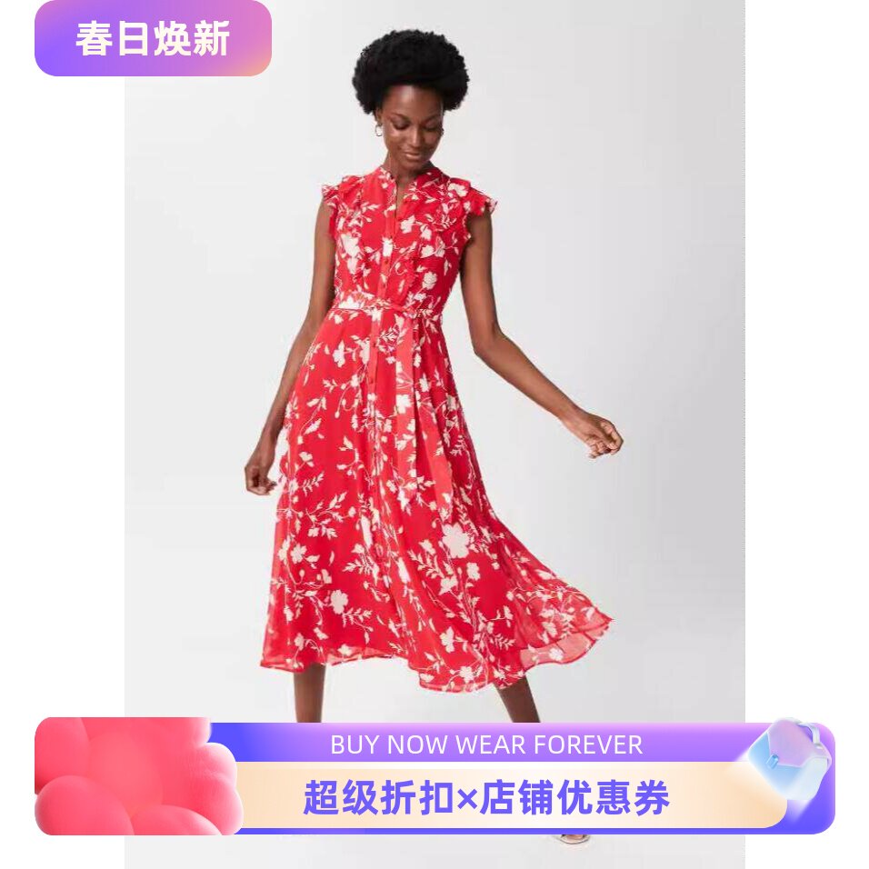 HOBBS衬衫裙连衣裙红白碎花系带无袖纱网雪纺优雅英伦气质百搭