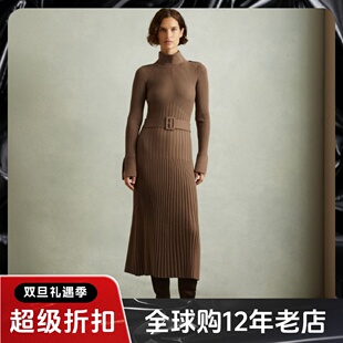 REISS长袖针织连衣裙中长包臀百褶裙配腰带摩卡色优雅气质百搭
