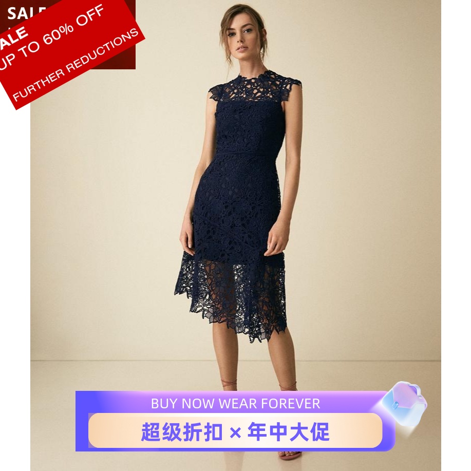 REISS蕾丝连衣裙藏蓝蕾丝重工斜摆中长高腰修身优雅淑女名媛风