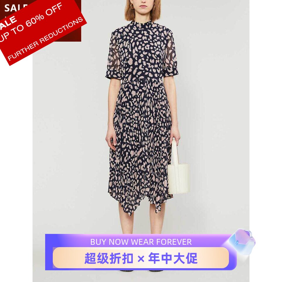 UNI CLOSET短袖连衣裙中长粉色豹纹波点不规则裙摆A字气质百搭