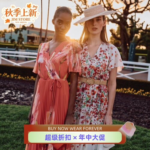 Phase Eight短袖连衣裙度假裙中长红色碎花印花V领配腰带优雅飘逸