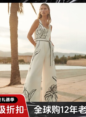 REISS白色连体裤连衣裤阔腿长裤无袖系带黑色水墨印花简约大气