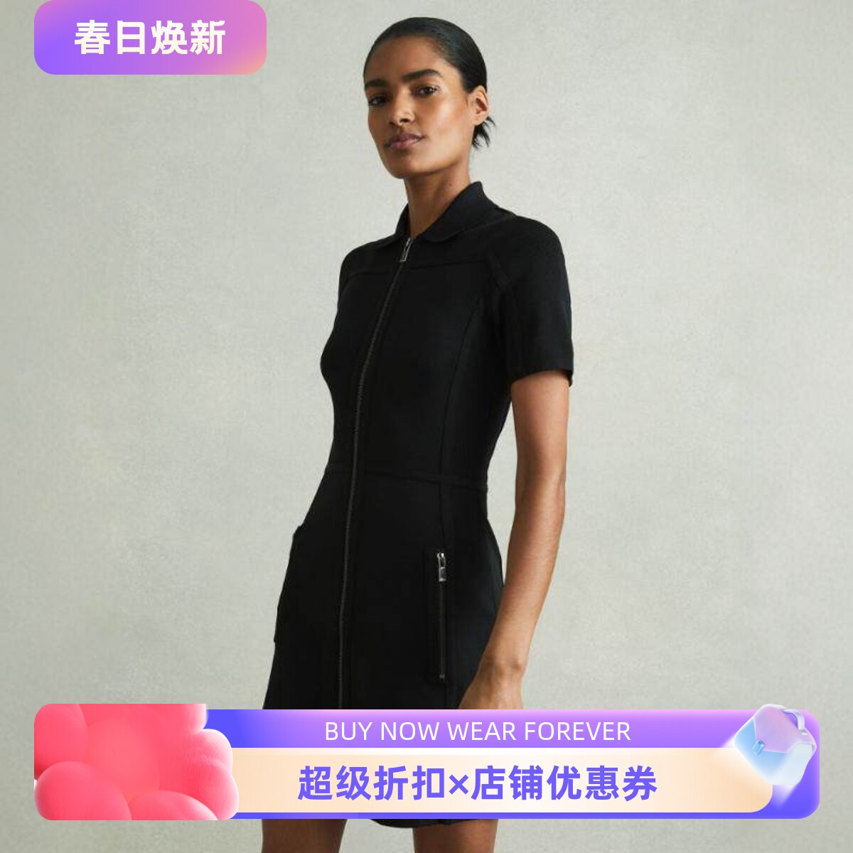 REISS短袖连衣裙衬衫裙短裙黑色拉链对称口袋优雅干练修身显瘦