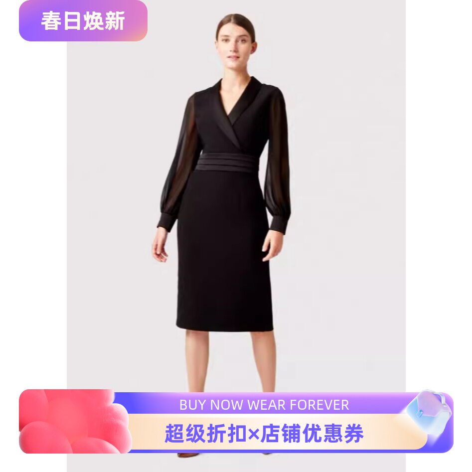 HOBBS长袖黑色连衣裙正装裙西服裙修身包臀纱网袖西服领通勤气质