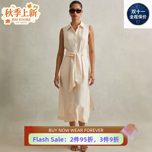 REISS连衣裙乳白衬衫裙中长系带无袖纯色简约高腰修身休闲百搭