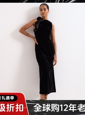 Phase Eight黑色丝绒礼服裙连衣裙长裙侧开衩立体花朵装饰大气