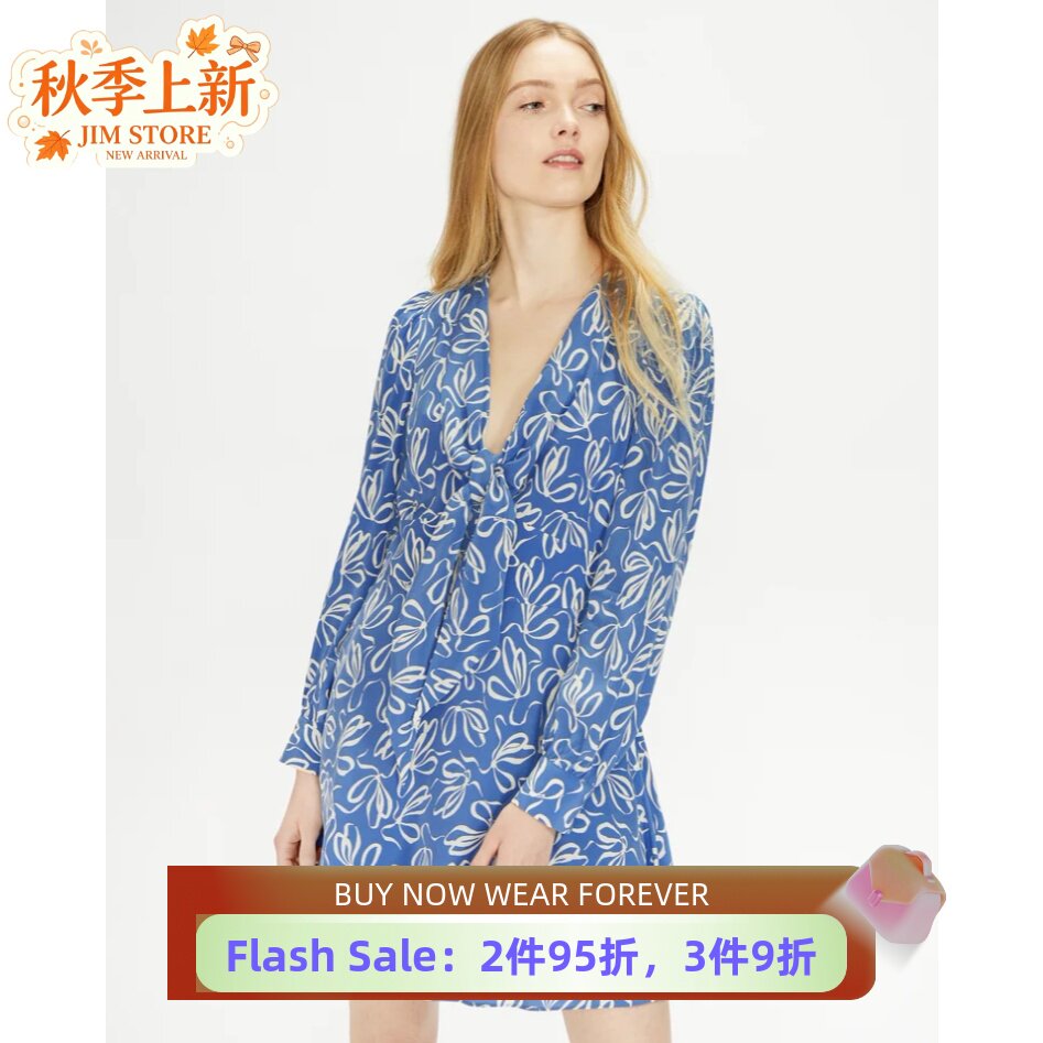 TED BAKER长袖连衣裙短裙浅蓝色印花蝴蝶结V领A字清新淑女百搭