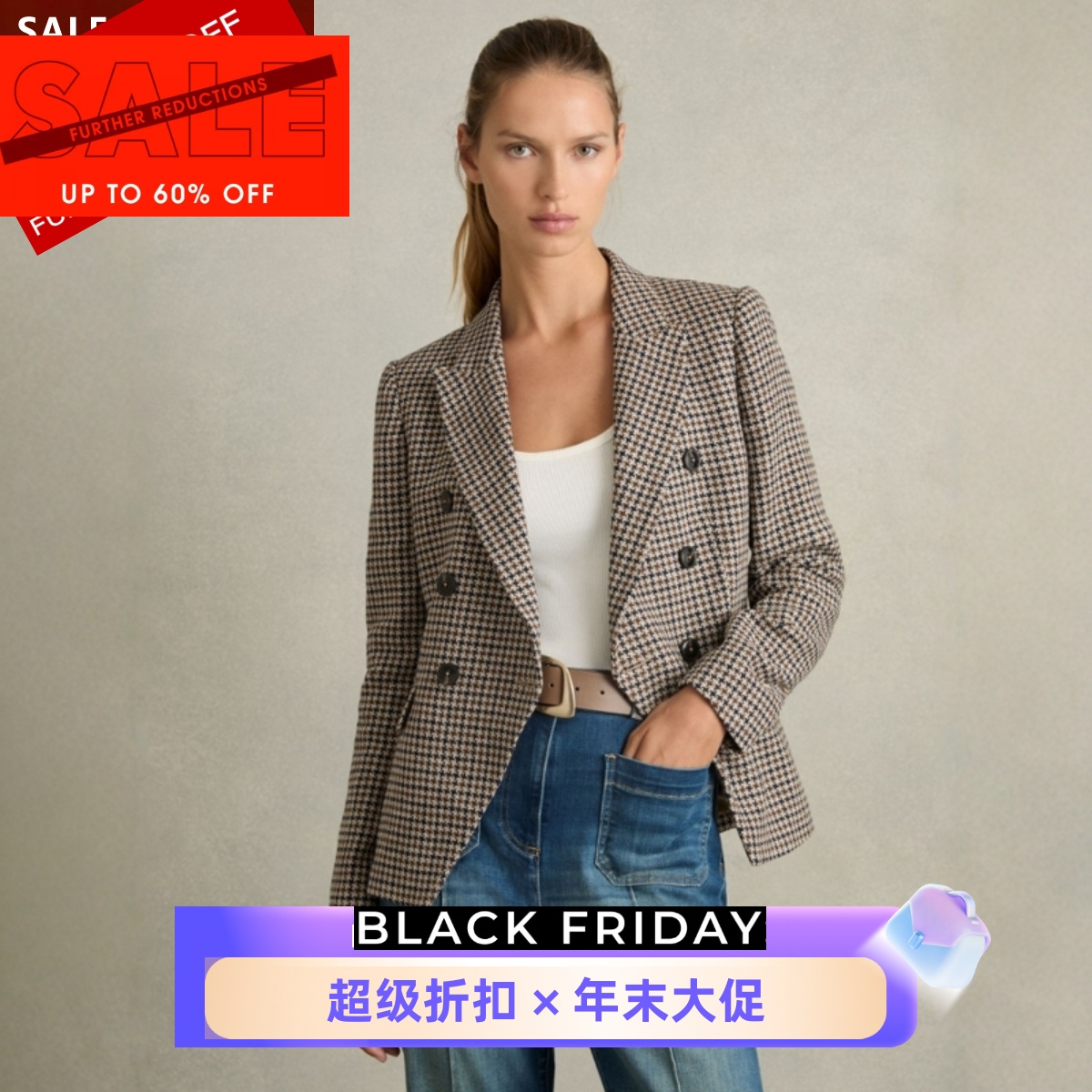 REISS西服西装外套短款双排扣千鸟格修身气质百搭显瘦英伦通勤OL