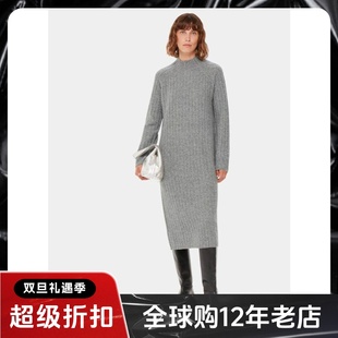 WHISTLES长袖连衣裙浅灰色羊毛针织裙直筒H型中长款坑条纹英伦风