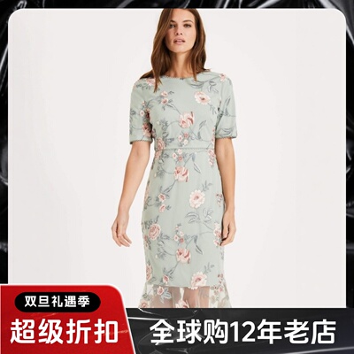 Phase Eight短袖连衣裙包臀裙浅蓝刺绣纱网拼接露背高腰修身优雅