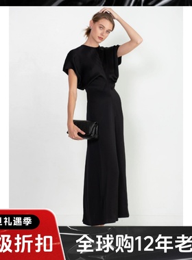 UNI CLOSET黑色连衣裙短袖溜肩长裙高腰褶皱腰气质干练名媛风