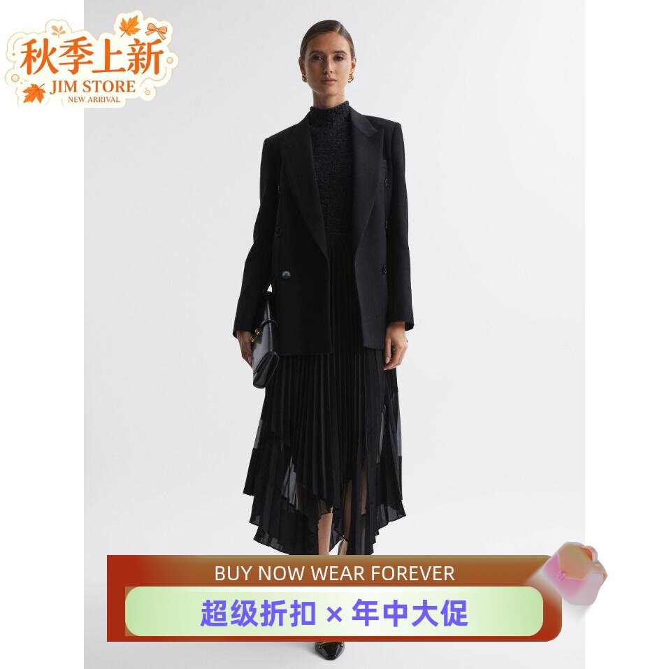 REISS百褶裙半身裙黑色中长不规则裙摆纱网拼接优雅气质通勤百搭