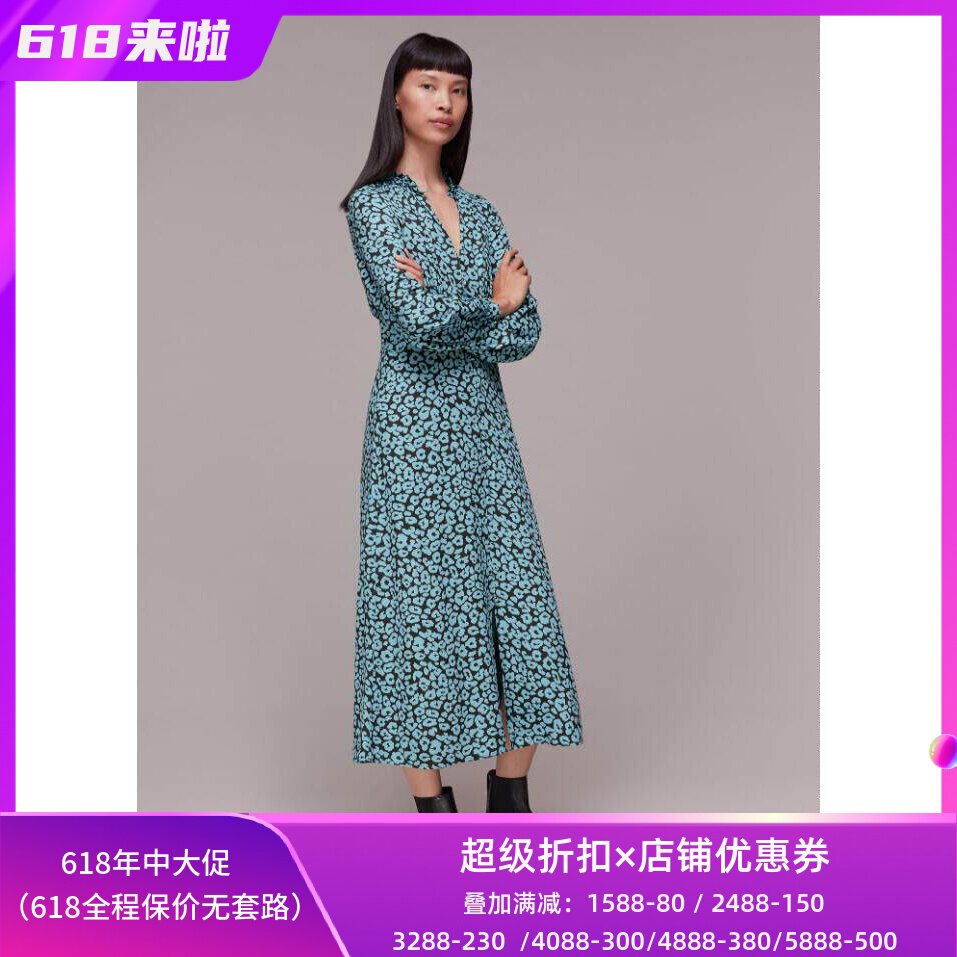 WHISTLES浅蓝印花长袖连衣裙英伦