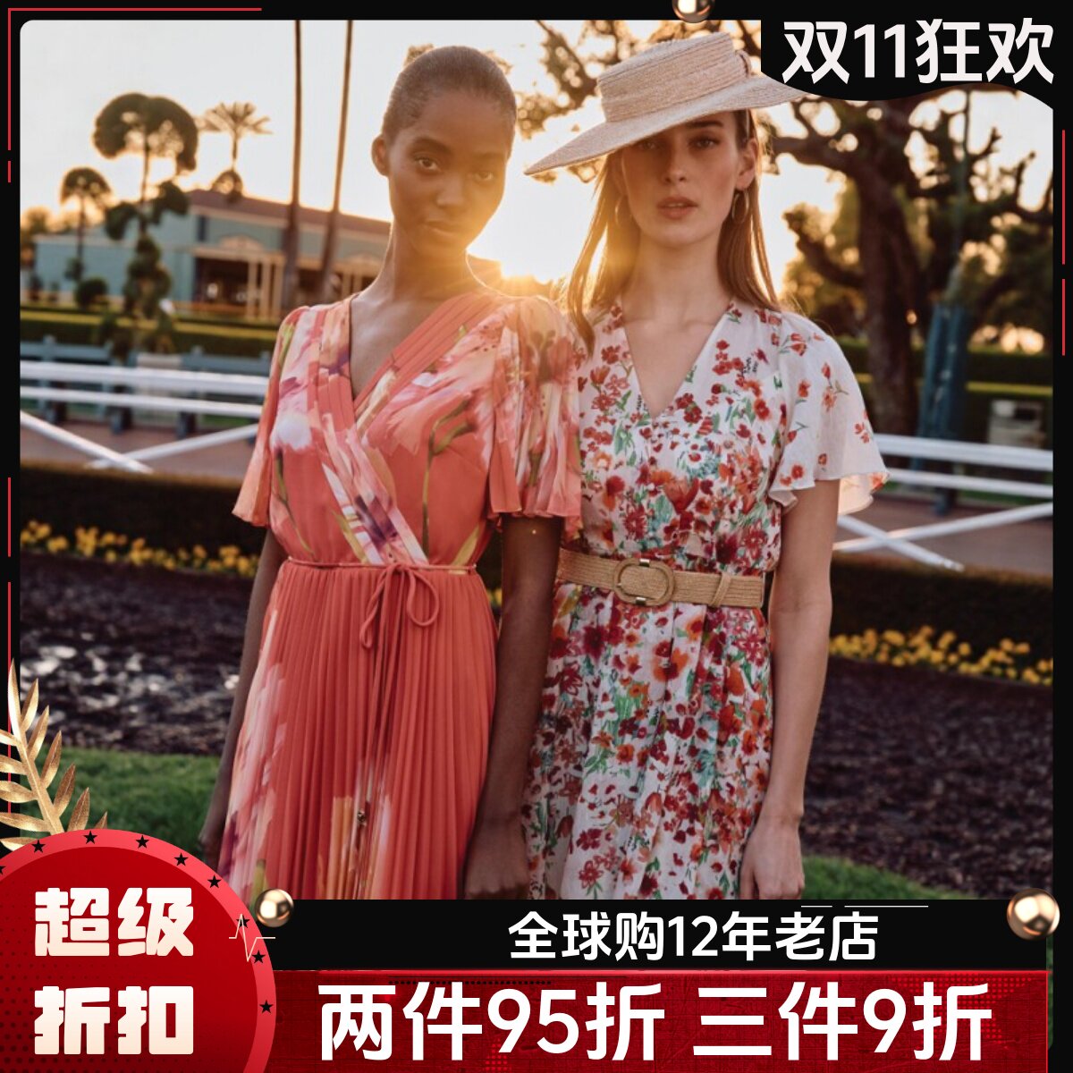 Phase Eight短袖连衣裙度假裙中长红色碎花印花V领配腰带优雅飘逸