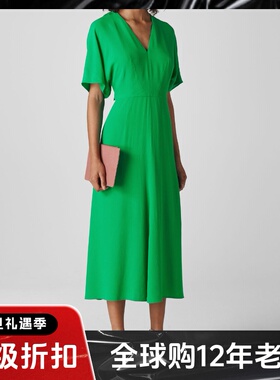 UNI CLOSET短袖绿色连衣裙纯色中长款高腰修身露背系带优雅百搭